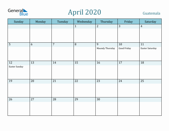 April 2020 Calendar with Holidays