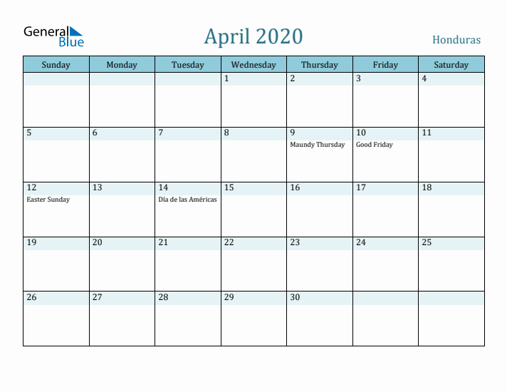 April 2020 Calendar with Holidays