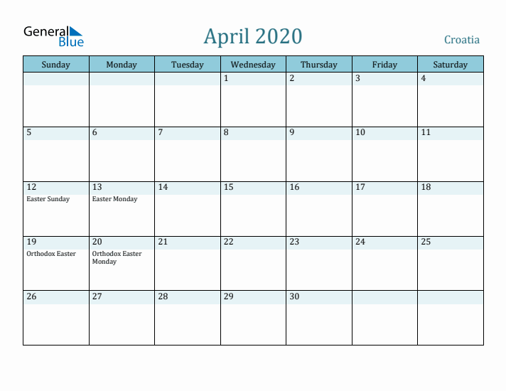 April 2020 Calendar with Holidays