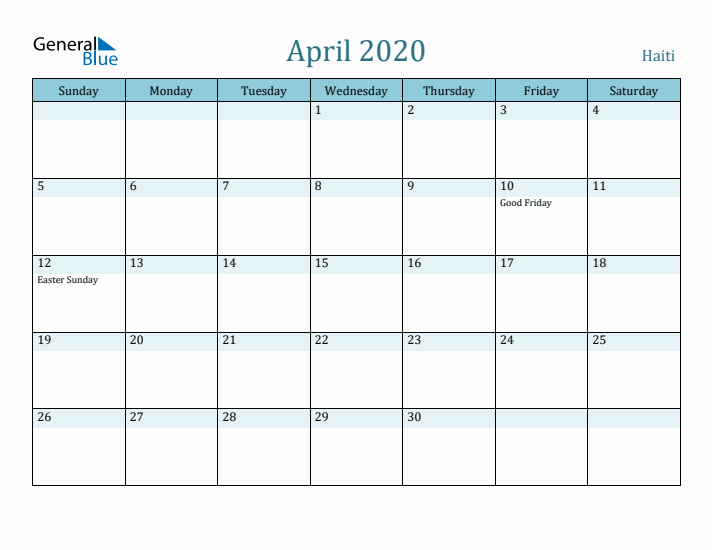 April 2020 Calendar with Holidays