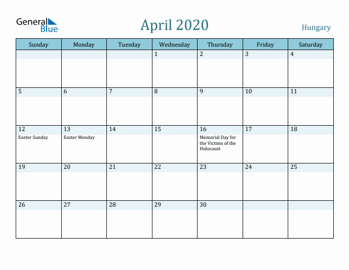 April 2020 Calendar with Holidays