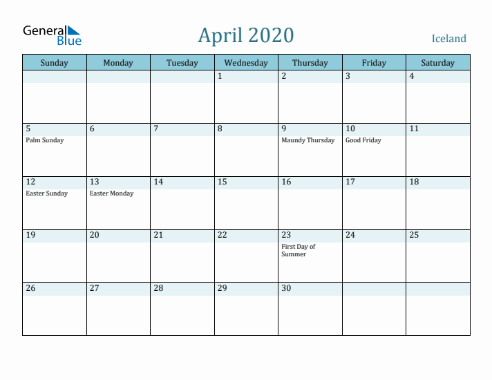 April 2020 Calendar with Holidays