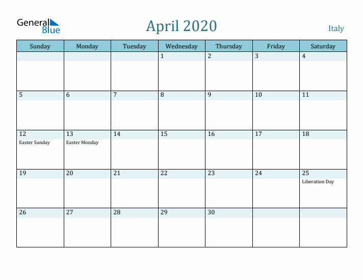 April 2020 Calendar with Holidays