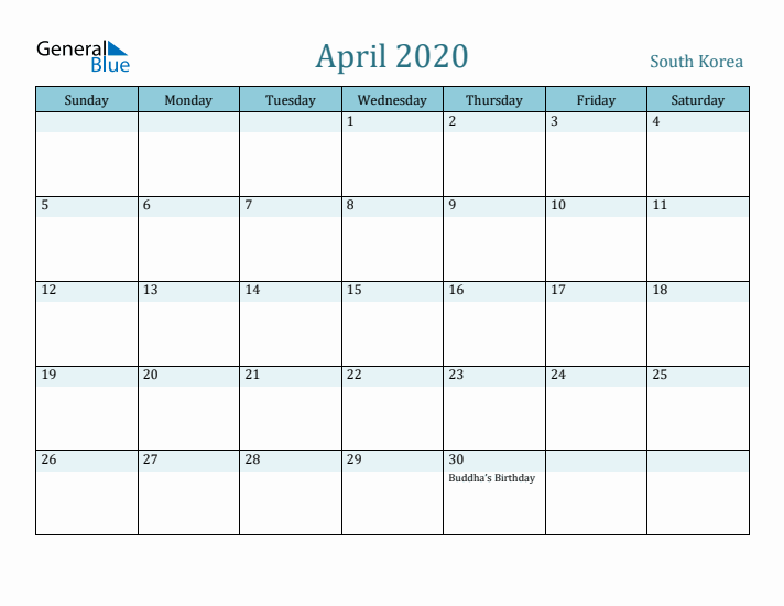 April 2020 Calendar with Holidays