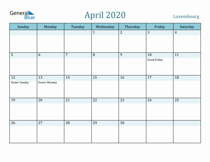 April 2020 Calendar with Holidays