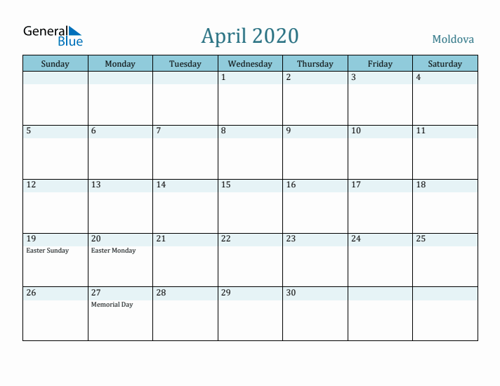 April 2020 Calendar with Holidays