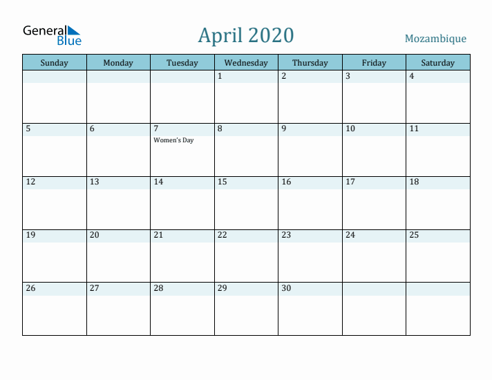 April 2020 Calendar with Holidays