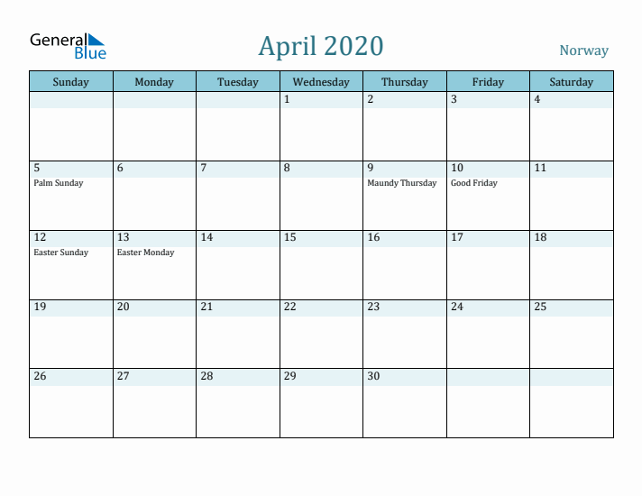 April 2020 Calendar with Holidays