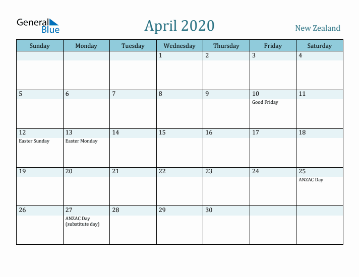 April 2020 Calendar with Holidays