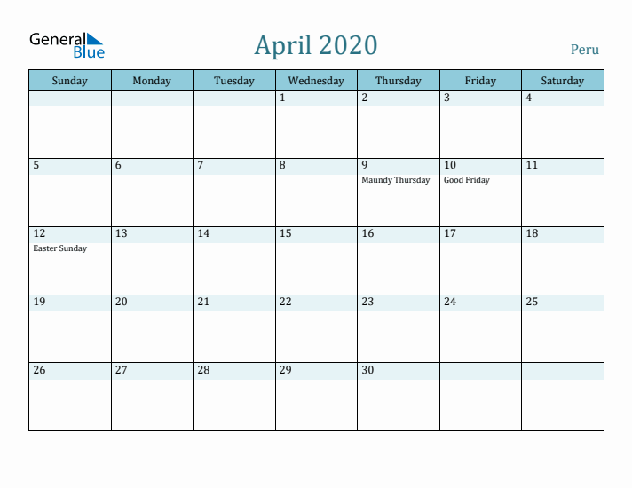 April 2020 Calendar with Holidays