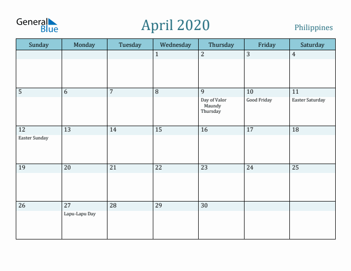 April 2020 Calendar with Holidays