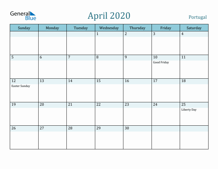 April 2020 Calendar with Holidays