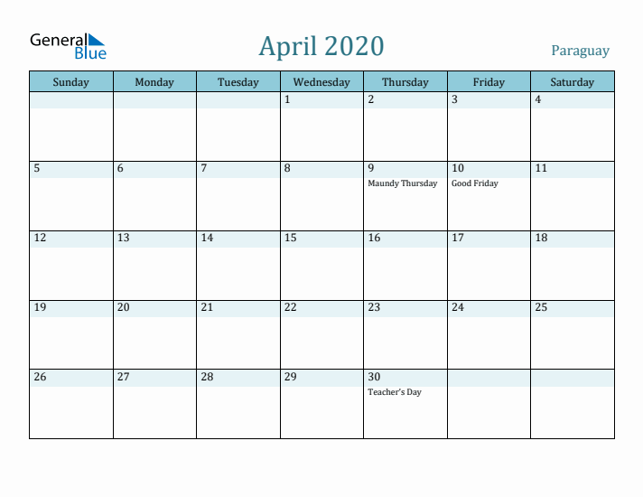 April 2020 Calendar with Holidays