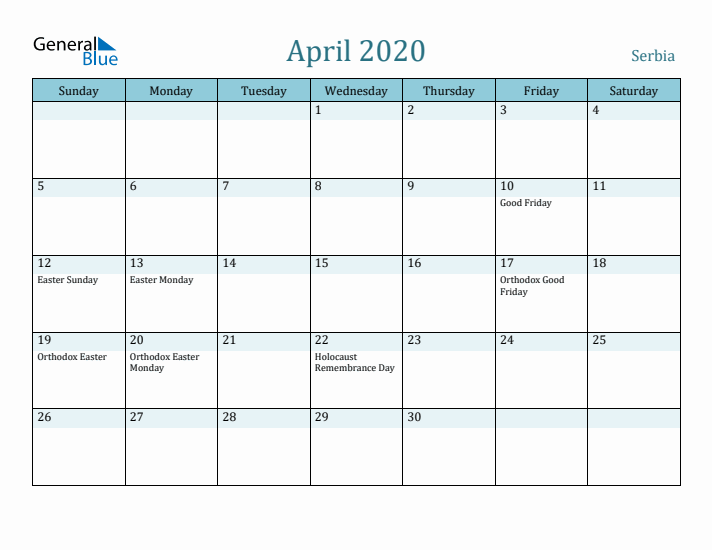 April 2020 Calendar with Holidays