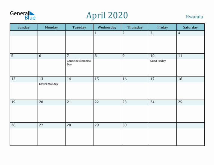 April 2020 Calendar with Holidays