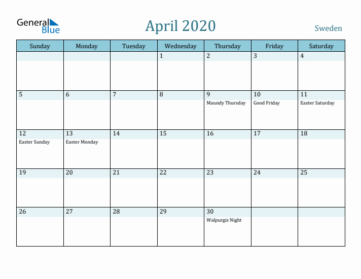 April 2020 Calendar with Holidays