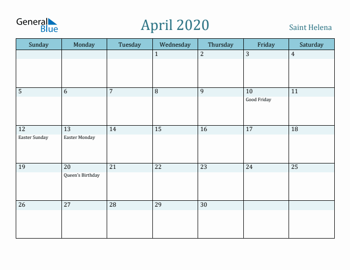 April 2020 Calendar with Holidays