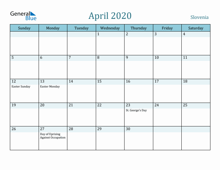 April 2020 Calendar with Holidays