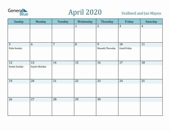 April 2020 Calendar with Holidays