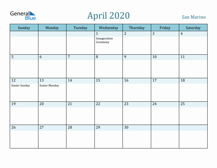 April 2020 Calendar with Holidays