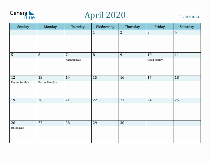 April 2020 Calendar with Holidays