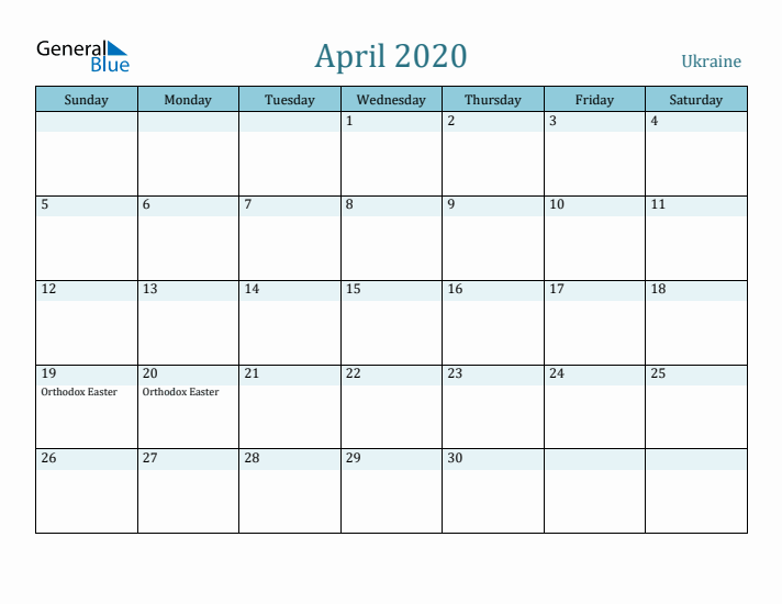 April 2020 Calendar with Holidays