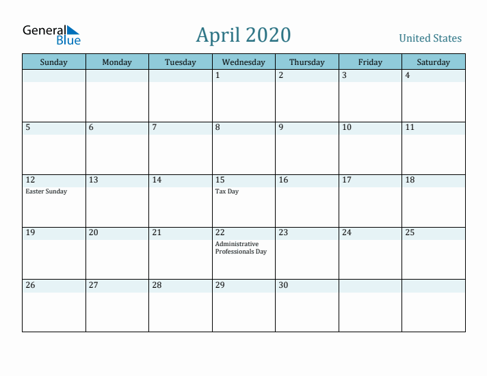 April 2020 Calendar with Holidays