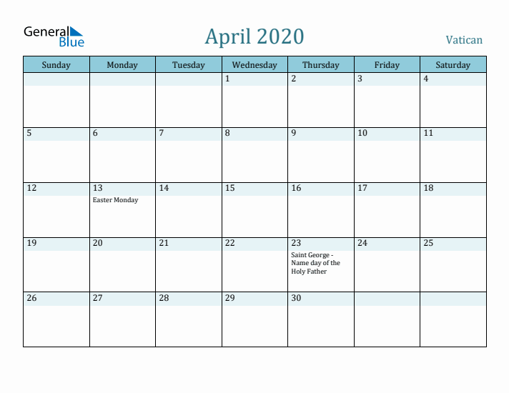 April 2020 Calendar with Holidays