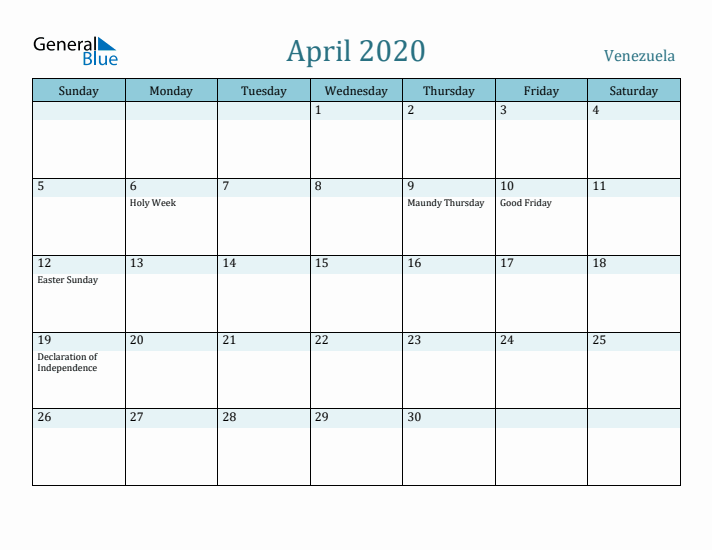 April 2020 Calendar with Holidays