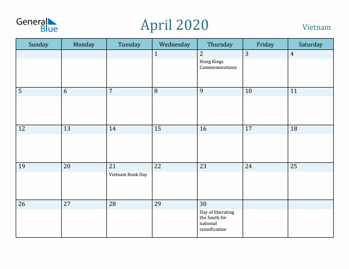 April 2020 Calendar with Holidays