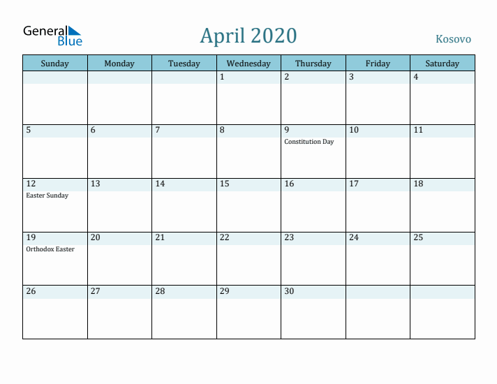 April 2020 Calendar with Holidays