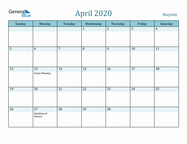 April 2020 Calendar with Holidays