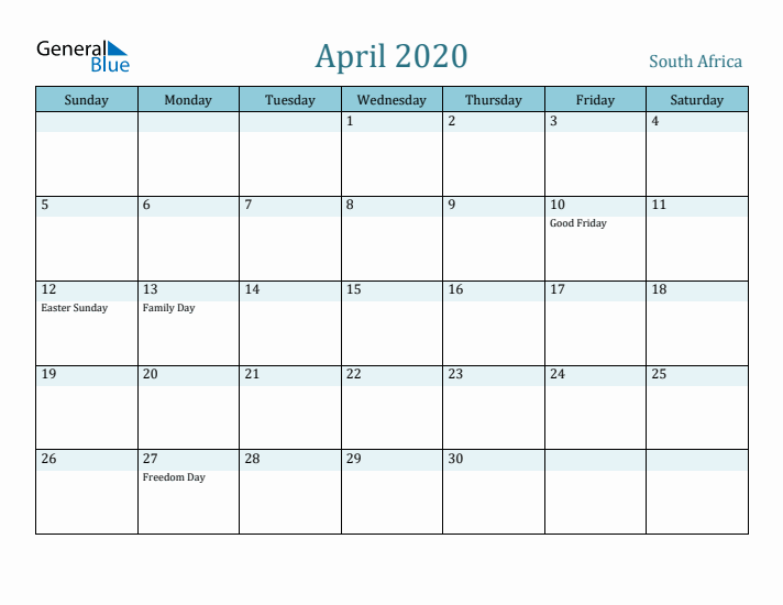 April 2020 Calendar with Holidays