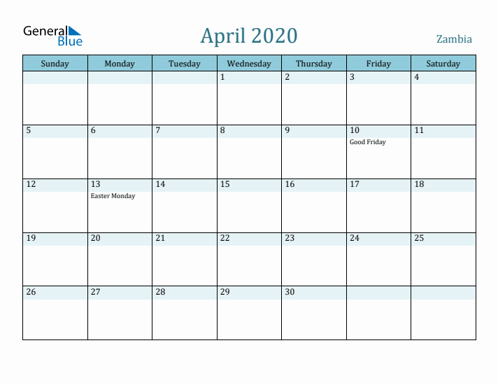 April 2020 Calendar with Holidays