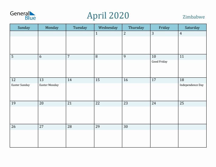 April 2020 Calendar with Holidays