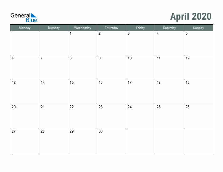 Free Printable April 2020 Calendar