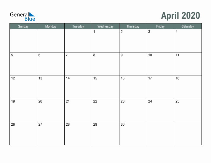 Free Printable April 2020 Calendar