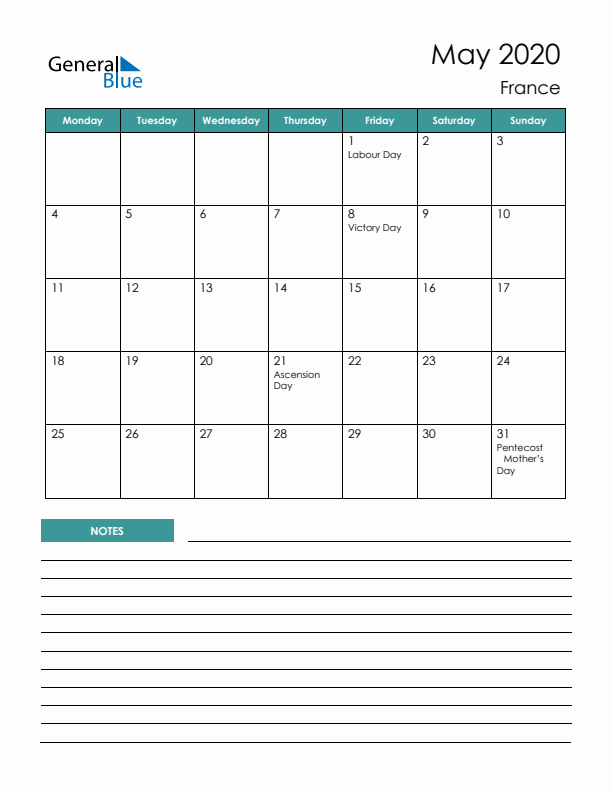 Calendar with Notes Printable - Monday Start