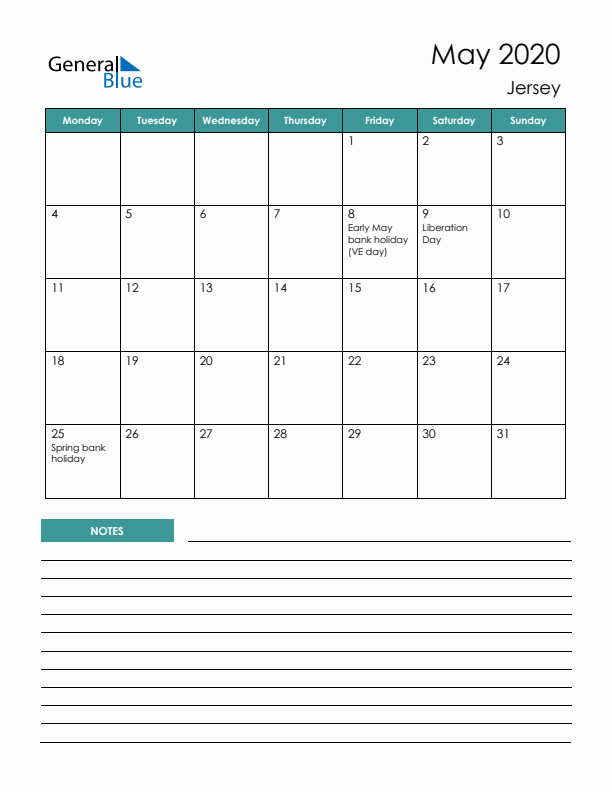 Calendar with Notes Printable - Monday Start