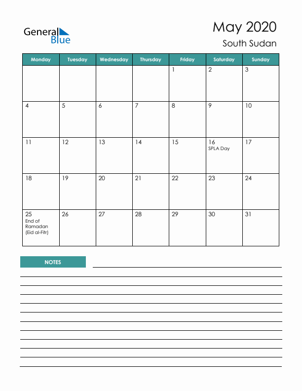 Calendar with Notes Printable - Monday Start