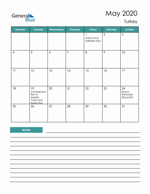 Calendar with Notes Printable - Monday Start