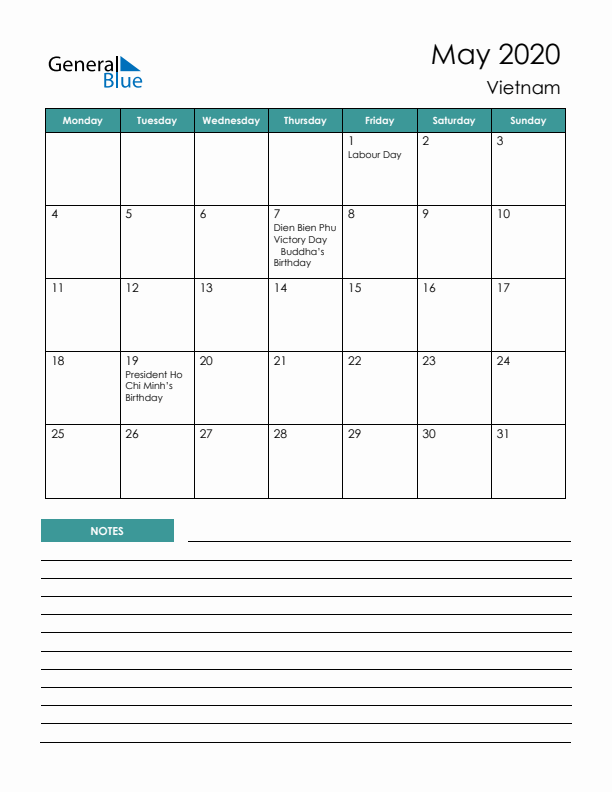 Calendar with Notes Printable - Monday Start