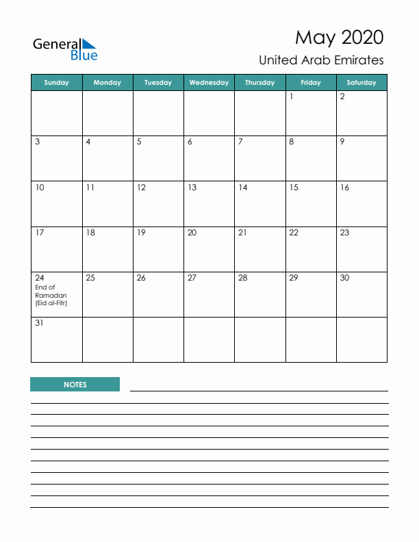 Calendar with Notes Printable - Sunday Start