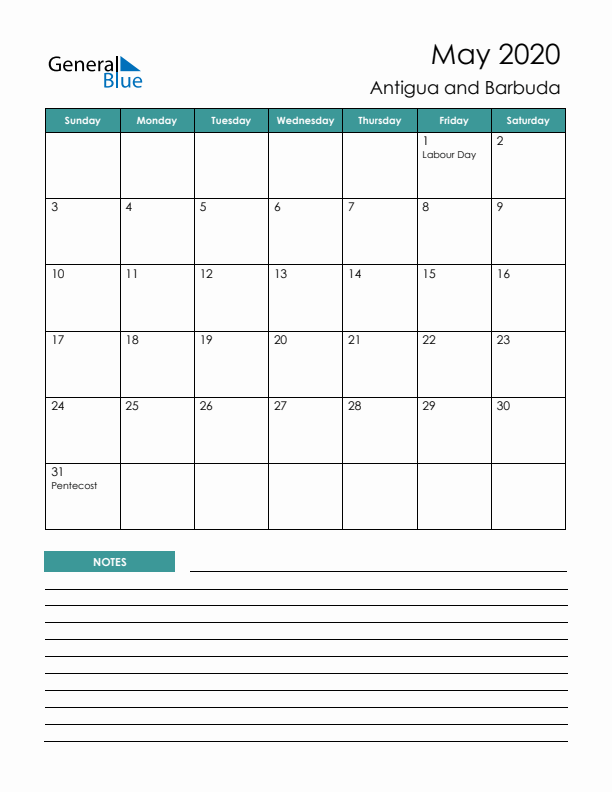 Calendar with Notes Printable - Sunday Start