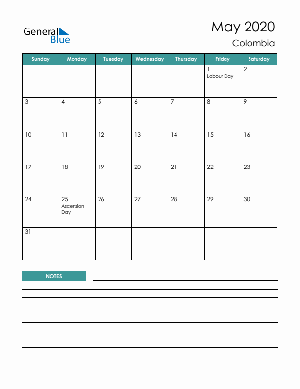 Calendar with Notes Printable - Sunday Start