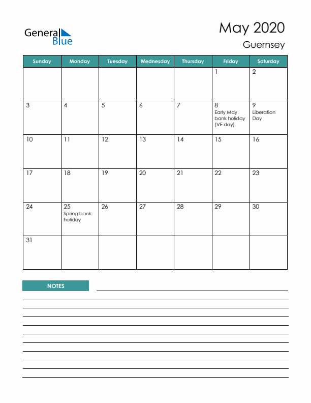 Calendar with Notes Printable - Sunday Start