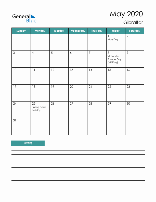 Calendar with Notes Printable - Sunday Start