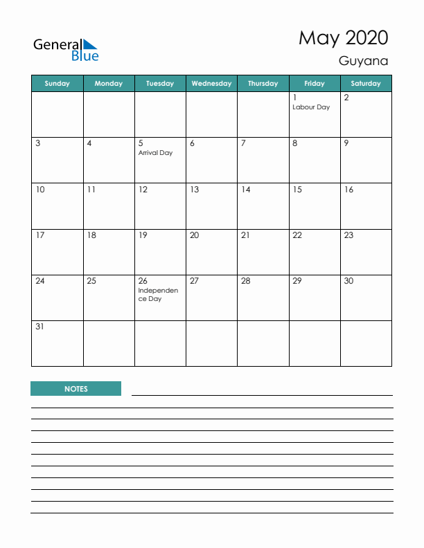 Calendar with Notes Printable - Sunday Start