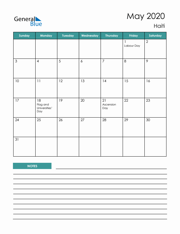 Calendar with Notes Printable - Sunday Start