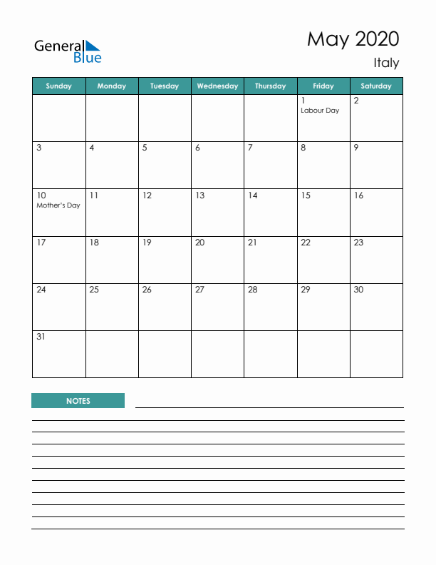 Calendar with Notes Printable - Sunday Start